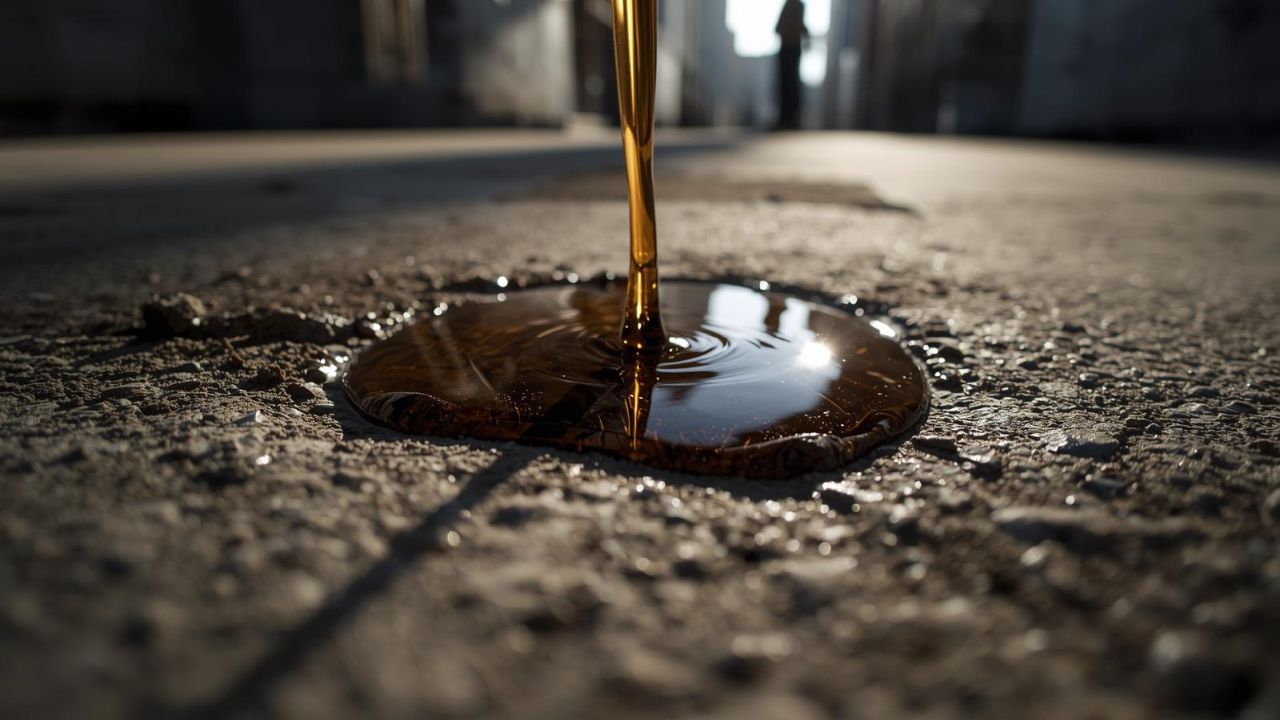 Close-up macro of oil lifting from concrete.