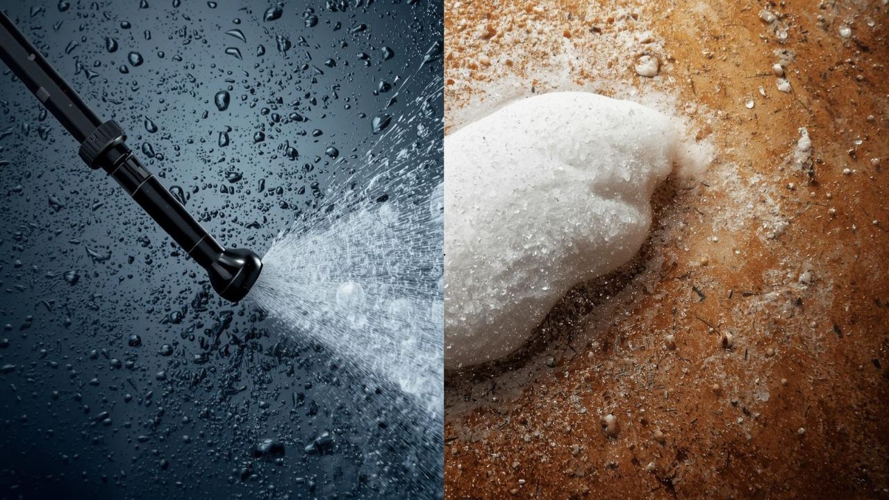 Side-by-side comparison of a nozzle vs. foam.
