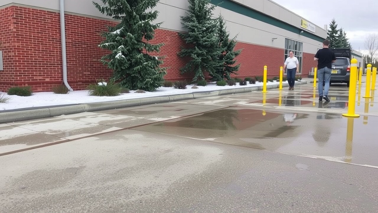 Industrial commercial pressure washing in Calgary parkade showing water reclaim berms