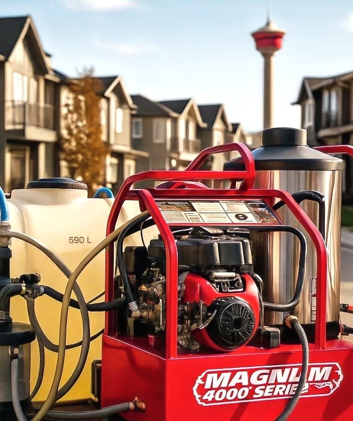 Storefront sidewalk cleaning in Calgary NE using hot water pressure to remove gum and oil.
