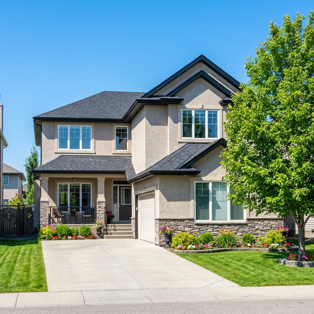 A stunning photorealistic image showcasing a pristine Calgary home's exterior, beautifully pressure washed, gleaming under the vibrant summer sunlight, demonstrating optimal cleaning frequency.