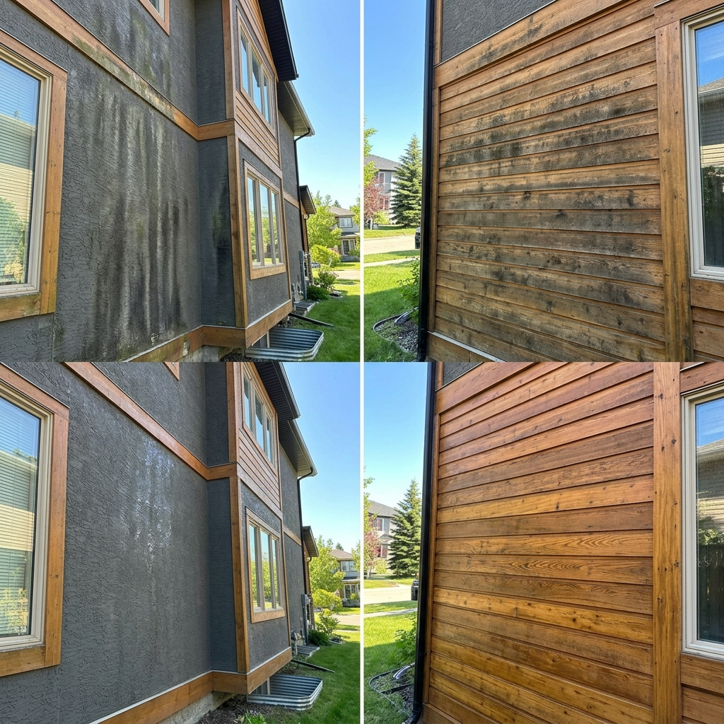 A comparison of soft washing versus pressure washing, showcasing their effectiveness on Calgary homes, with vibrant before and after images.