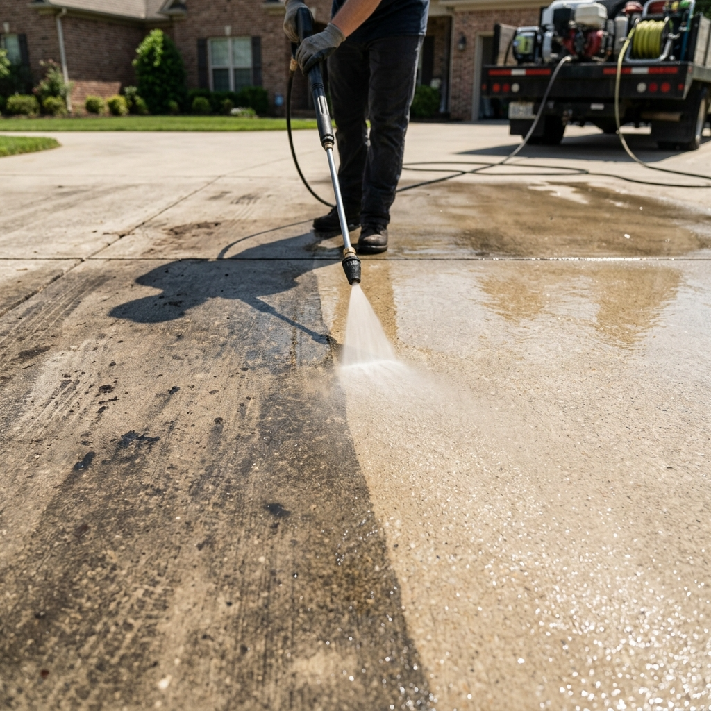 Concrete driveway prepared for professional pressure washing in Calgary
