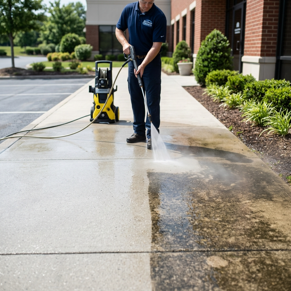Professional pressure-washing technician preparing equipment for a Calgary property