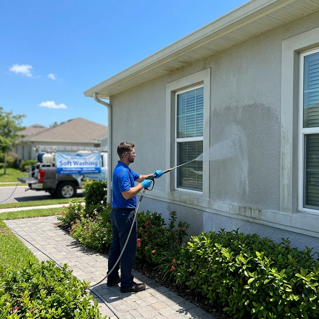 Pressure-washing technician preparing equipment for an exterior-cleaning project