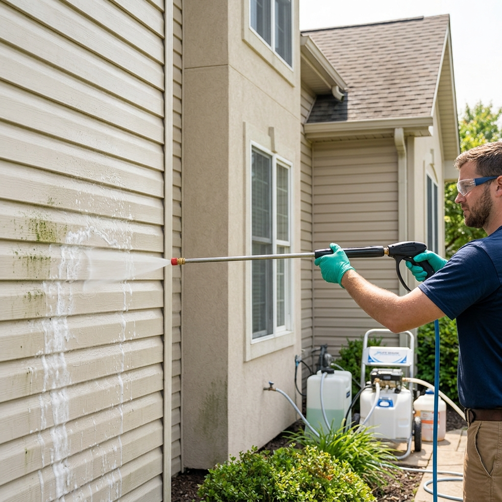 Soft washing being used to clean exterior siding