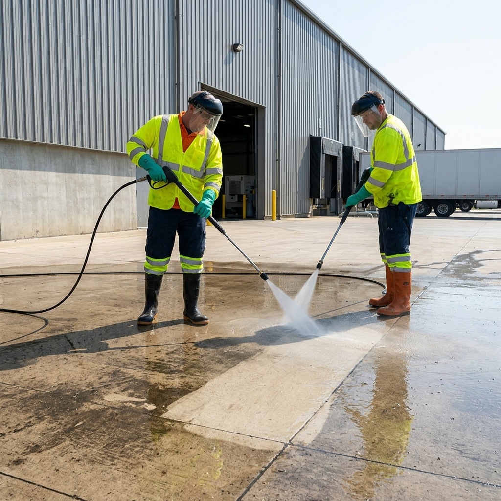 Professional pressure washing being used on a durable concrete surface