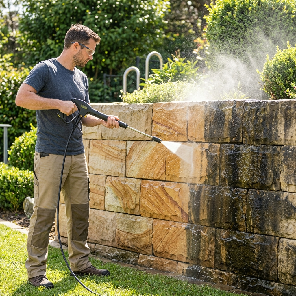 Professional pressure washing on a durable concrete surface