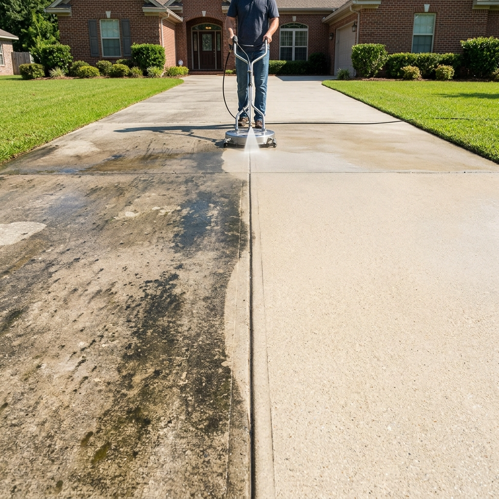 Concrete driveway before professional pressure washing